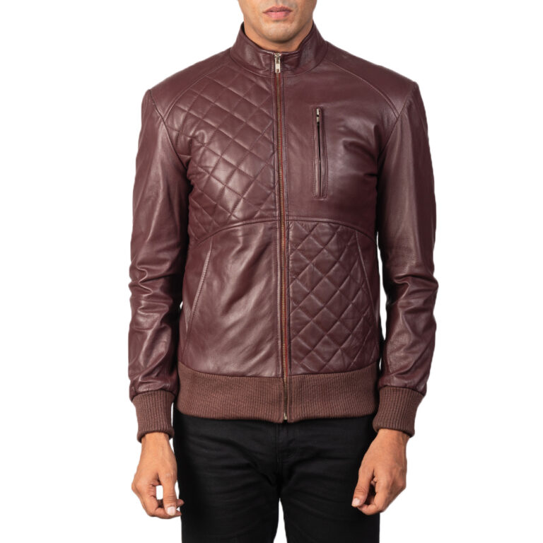 Mens Moda Maroon Leather Bomber Jacket6221-5-1568640987360